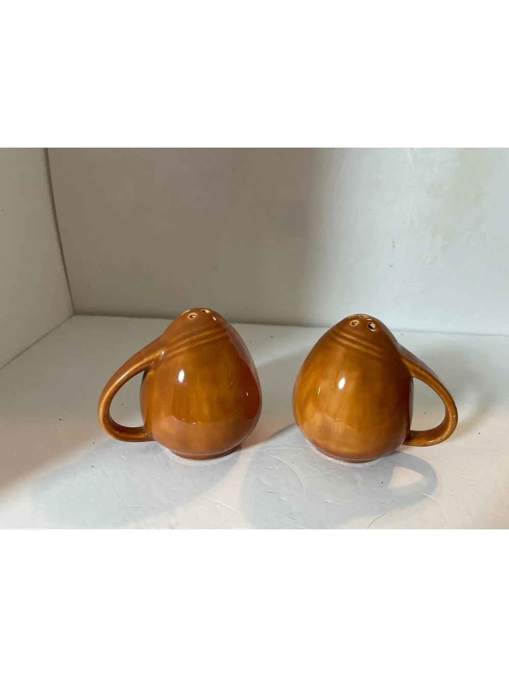 Vintage Brown Ceramic Salt and Pepper Shakers with Handles Mid Century